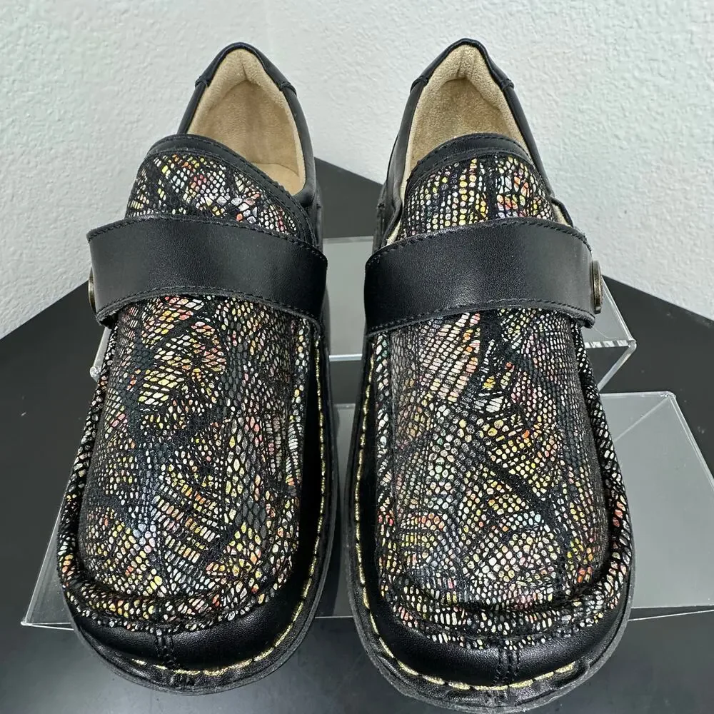 Alegria Women Black Metallic Leather Moc Toe Loafers Slip On Size 10 Preowned